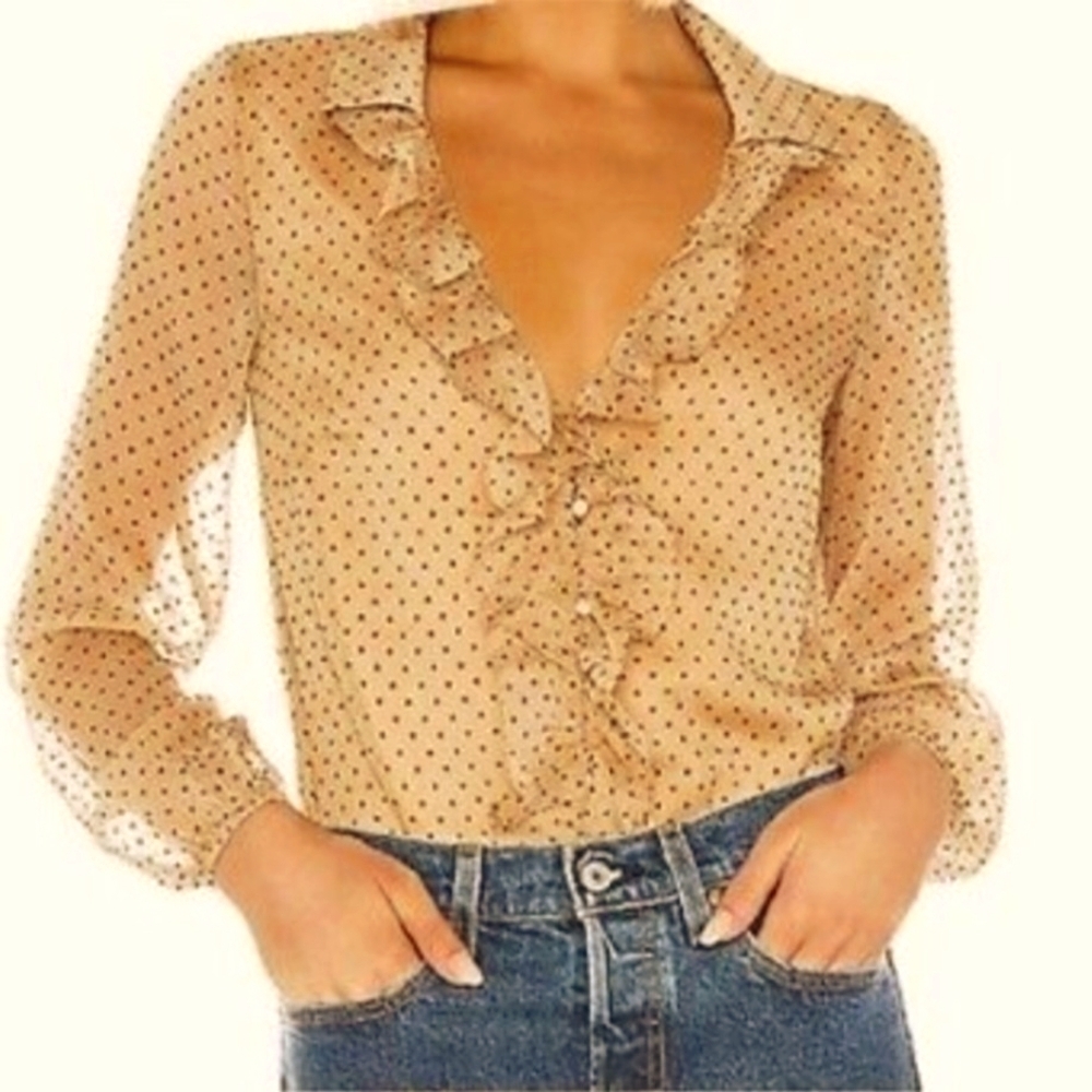 MAJORELLE Marina Blouse Ruffled Collar Button-Up Nude/Black Polka Dots